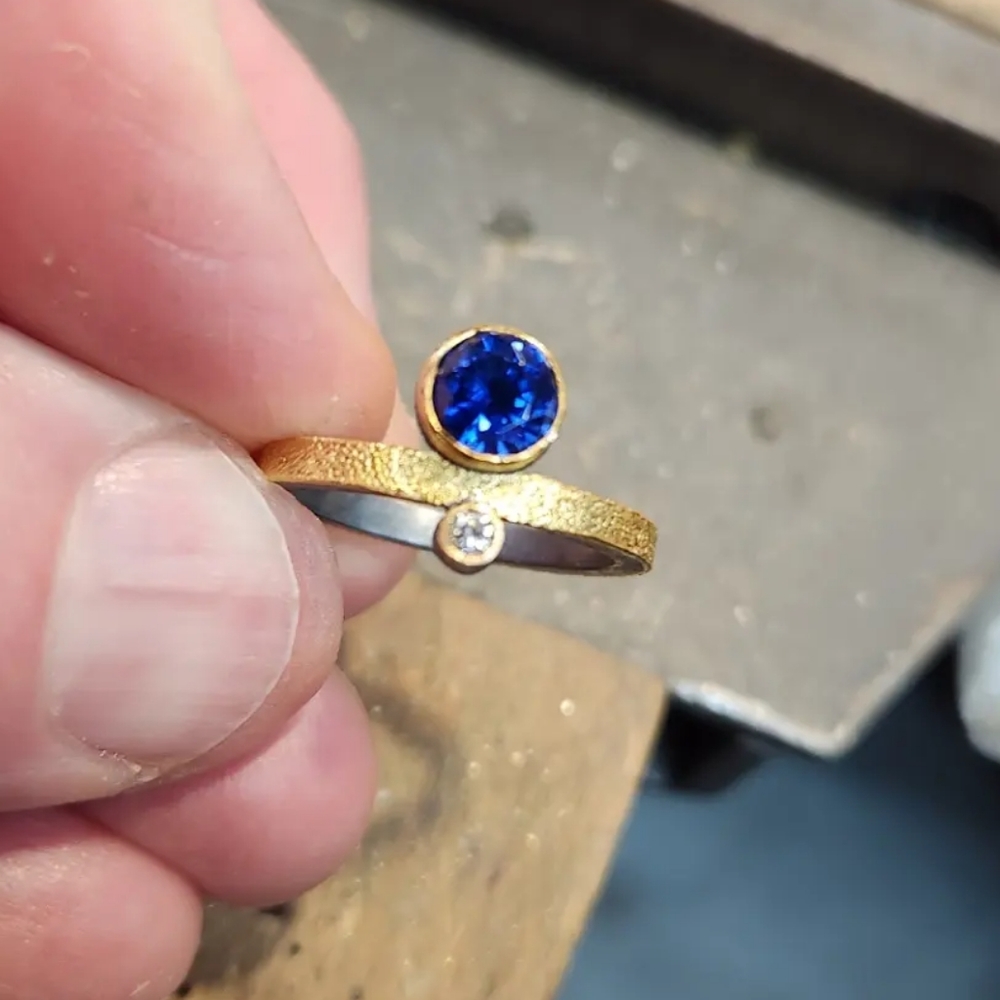 22k Gold and Sterling Silver Ring with Blue Sapphire and Diamond Settings
